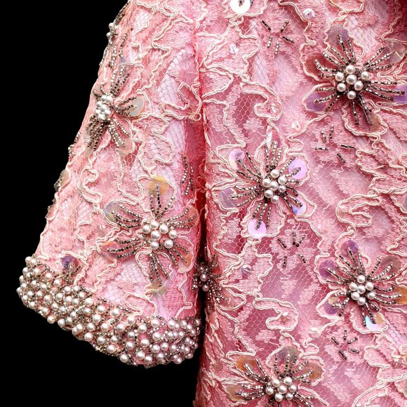 Vintage 1960s Plus Size 2X Short Formal Beaded Pink Lace Dress NWOT Hong Kong - Picture 13 of 13